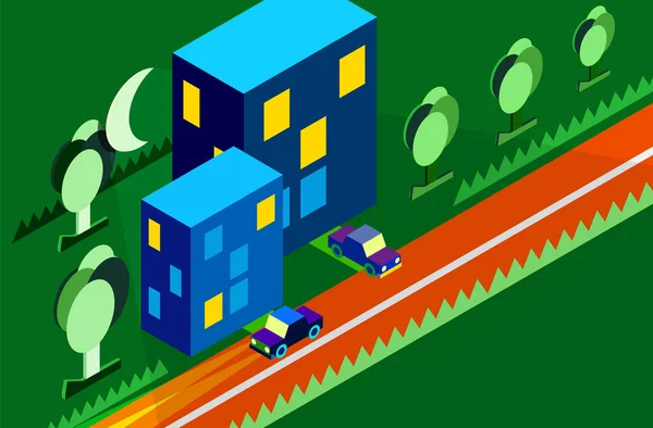 Isométrique ville voiture arbre nuit lune vert vecteur — Image vectorielle
