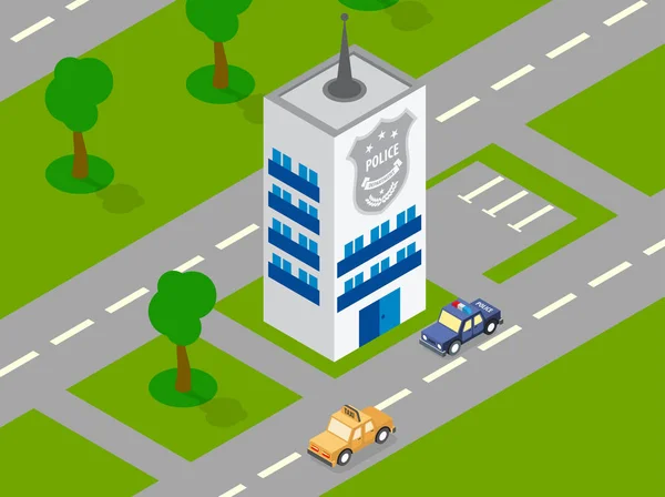 Voiture de police bâtiment vecteur isométrique — Image vectorielle