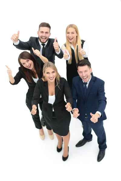 Erfolgreiche Geschäftsleute, die glücklich und zuversichtlich wirken. Zeigen — Stockfoto