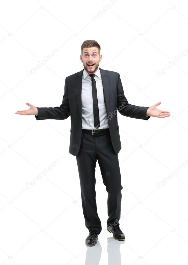Surprised emotional businessman posing on a white background