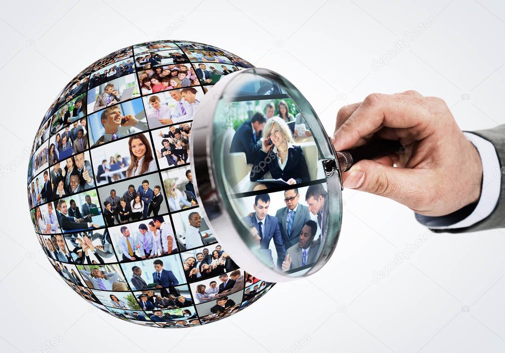 Human resource concept, magnifying glass searching people