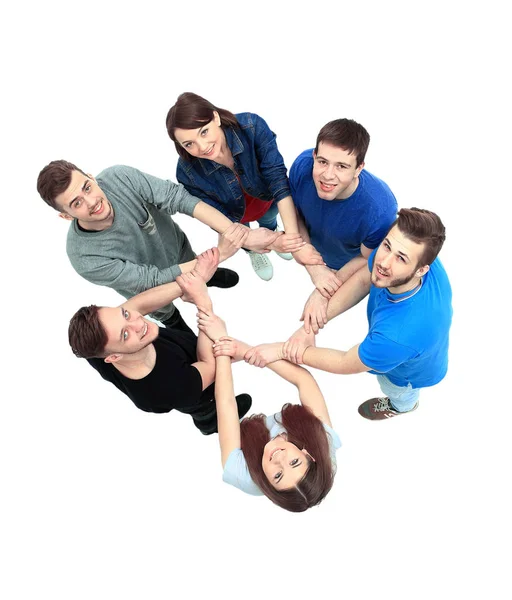 Top view of young people with their hands together in a circle. — Stock Photo, Image