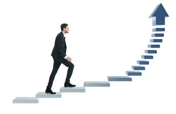 Uomo d'affari su per le scale su sfondo bianco. pronto per il vostro design — Foto Stock