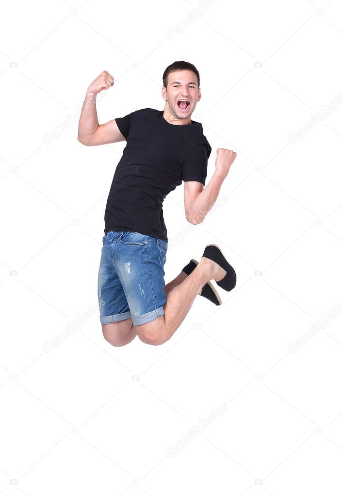 Jumping young man. Isolated over white background