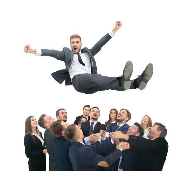 Groep van jubelende zakelijke mensen springen van vreugde en schreeuwen ik — Stockfoto