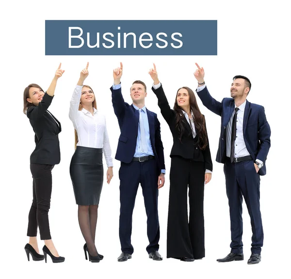 Business people show something. isolated on white background — Stock Photo, Image