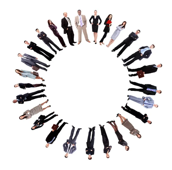 Collage of business people standing around an empty circle — Stock Photo, Image