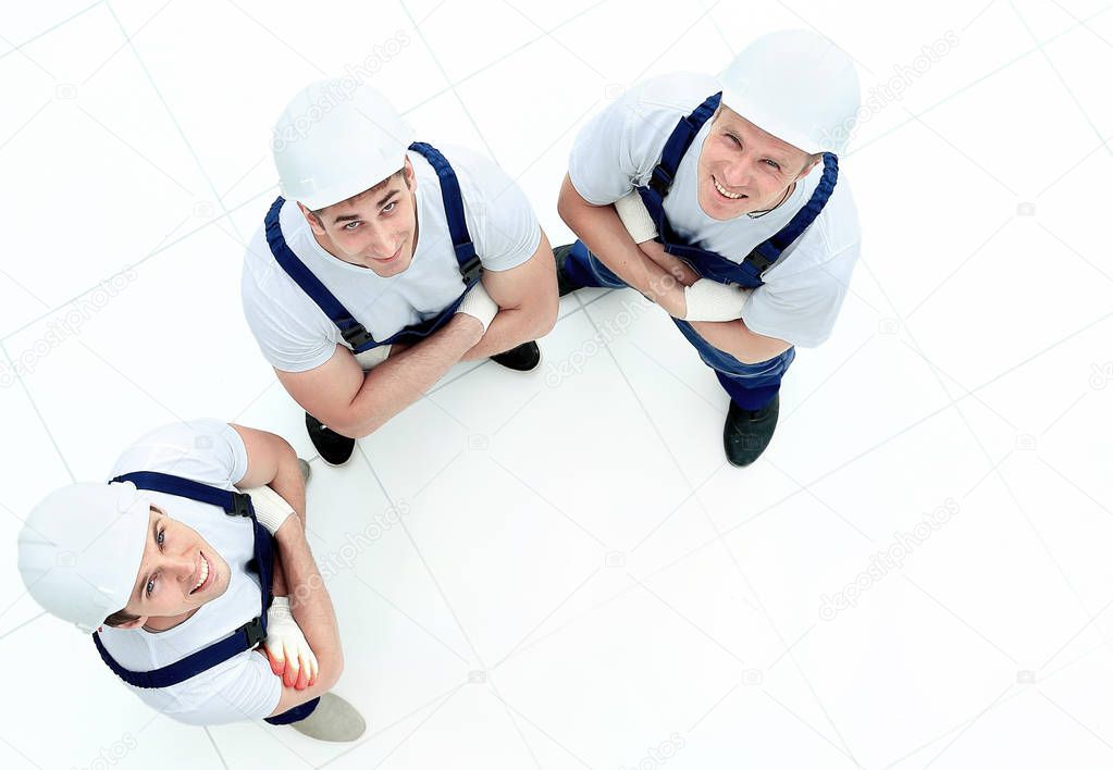 Large group of workers standing in circle top view