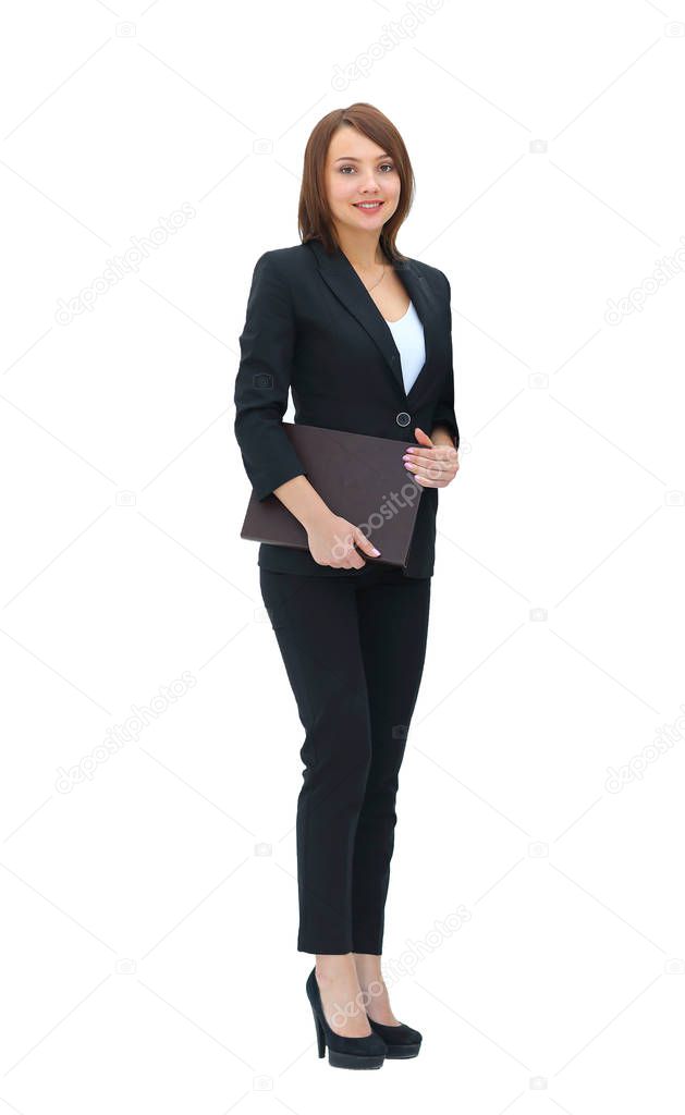 Young happy business woman, isolated on white