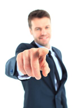 Beyaz arka plan üzerinde izole metniniz için kopya alanı ile gösteren akıllı iş adamı