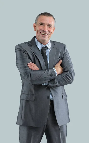 Retrato de exitoso hombre de negocios feliz en un traje de negocios gris —  Fotos de Stock