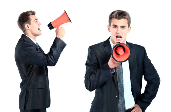 Homem de negócios gritando alto em um megafone — Fotografia de Stock