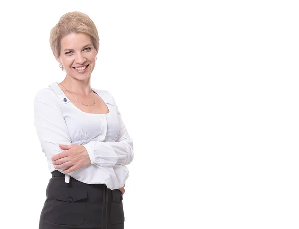 Молода щаслива бізнес-леді, ізольована на білому — стокове фото