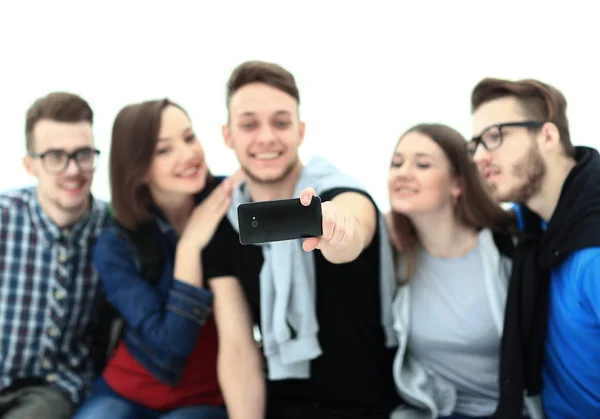 Selfie fotoğrafta beyaz arka plan üzerinde izole mutlu genç genç öğrenci grubu — Stok fotoğraf