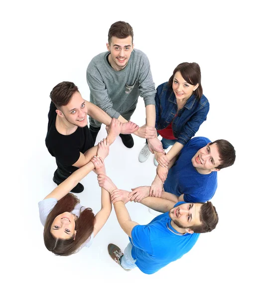 Visão superior de jovens com as mãos juntas em um círculo . — Fotografia de Stock