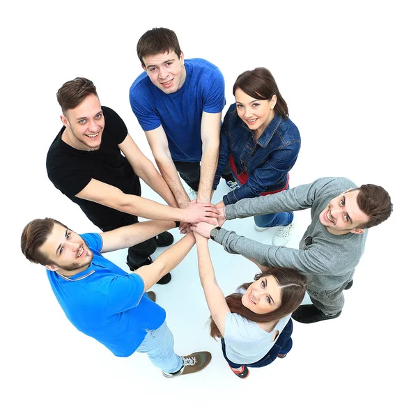 Top view of young people with their hands together in a circle. — Stock Photo, Image