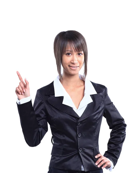 Mujer de negocios señalando fondo blanco — Foto de Stock