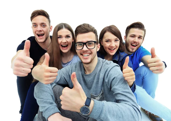 Groep vrienden juichen geïsoleerd op witte achtergrond — Stockfoto