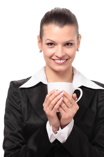 Smiling business woman drink cofee — Stock Photo, Image