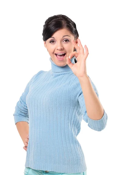 Attractive woman is showing okay sign with happiness. — Stock Photo, Image