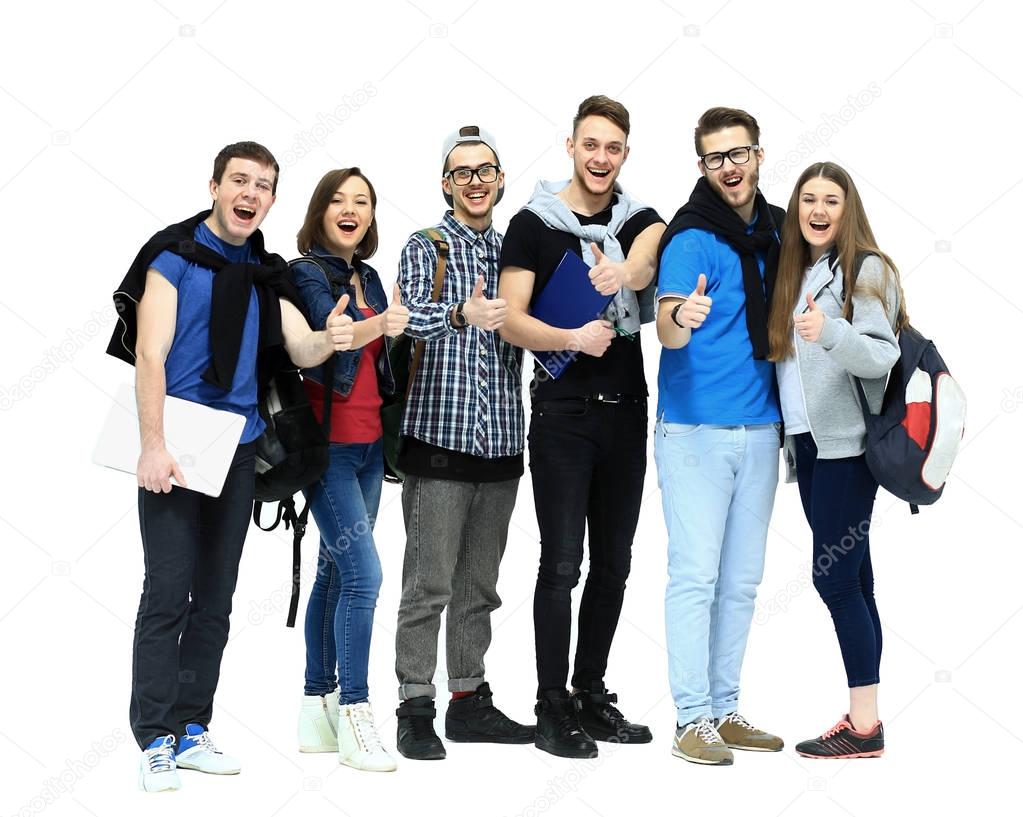 group of smiling friends staying together and looking at camera isolated on white background