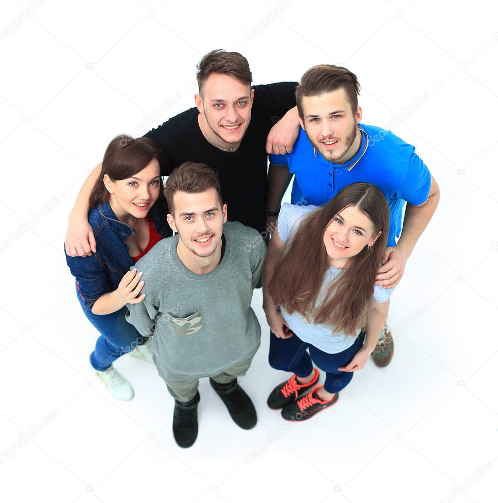 Top view portrait of happy men and women standing together and smiling