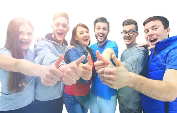 Happy joyful group of friends cheering isolated on white background — Stock Photo, Image