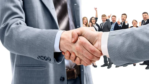 Business handshake e felici uomini d'affari energici — Foto Stock