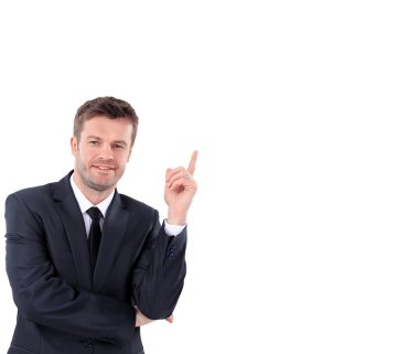 Ürün ya da metin için işaret gülümseyen iş adamı.