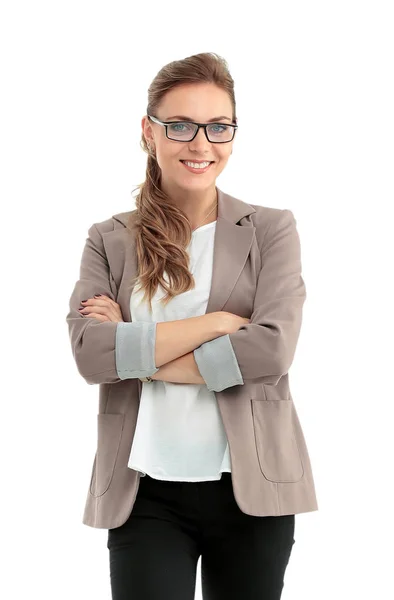 Portret van jonge gelukkig Glimlachende zakenvrouw geïsoleerd tegen w — Stockfoto