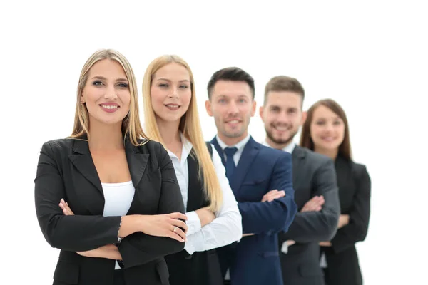 Team erfolgreicher und selbstbewusster Menschen posiert auf weißem Backgr — Stockfoto