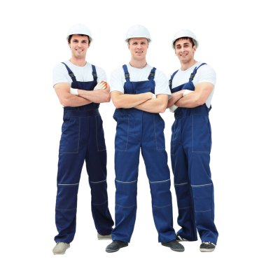 Bir grup profesyonel endüstriyel işçi. Beyaz arkaplan üzerinde izole edilmiş.