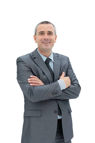 Exitoso hombre de negocios feliz en un traje de negocios gris y corbata y — Foto de Stock