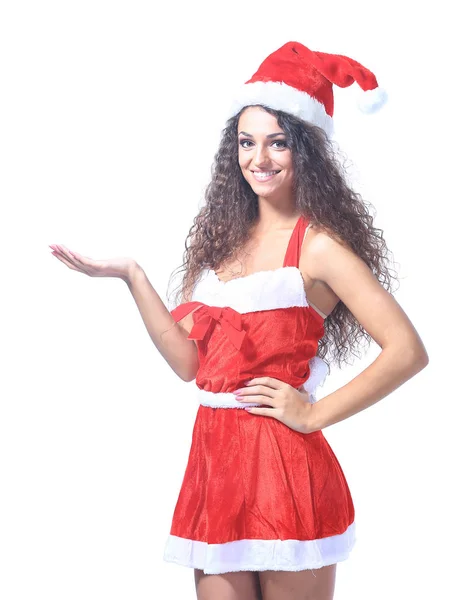 Joven navidad mujer mostrar fondo blanco — Foto de Stock