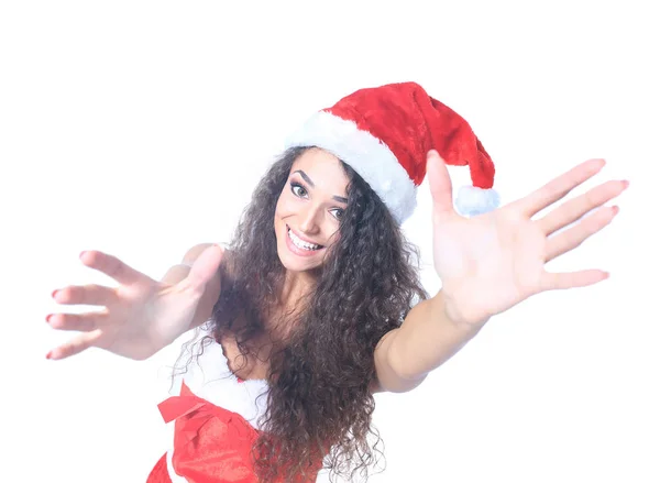 Überraschte die schöne junge Frau mit einem Weihnachtsmann-Hut. isoliert auf weiß. — Stockfoto