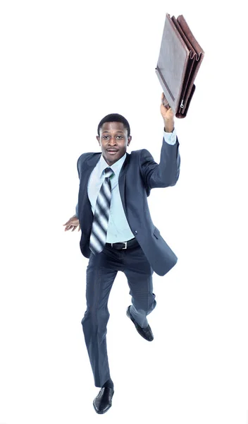 Επιχειρηματίας που τρέχει με ένα χαρτοφύλακα, απομονώνονται σε λευκό φόντο — Φωτογραφία Αρχείου