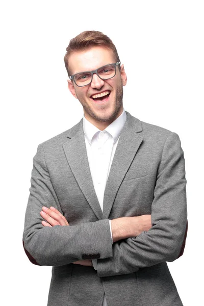 Närbild porträtt av känslomässiga glad affärsman med korsade — Stockfoto