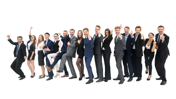 Grupo de empresários jubilosos pulando de alegria e gritando i — Fotografia de Stock