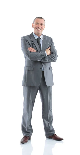 Επιτυχημένος επιχειρηματίας ευτυχισμένη σε ένα γκρι επαγγελματικό κοστούμι, ανοιχτά smi — Φωτογραφία Αρχείου