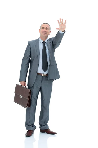Квалифицированный адвокат в деловом костюме с портфелем поднял его — стоковое фото