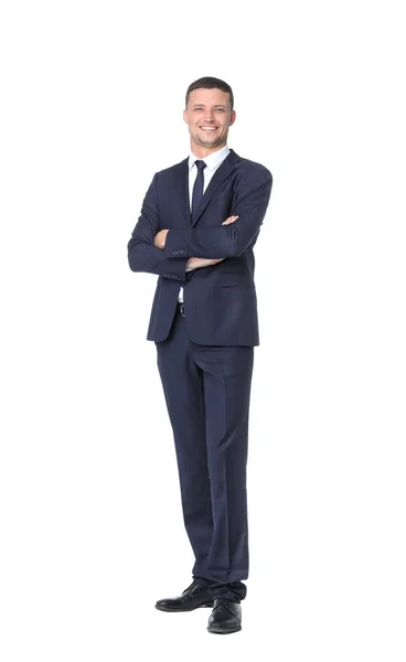 Zelfverzekerd en succesvol zakenman in een zwart pak glimlachen — Stockfoto