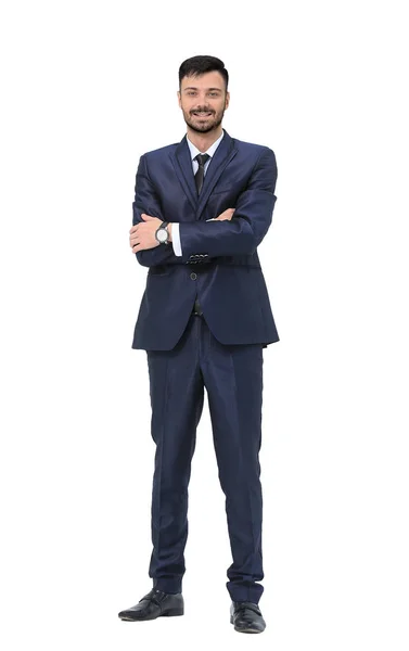 Confiante empresário bem sucedido em um terno preto com assistir a um — Fotografia de Stock