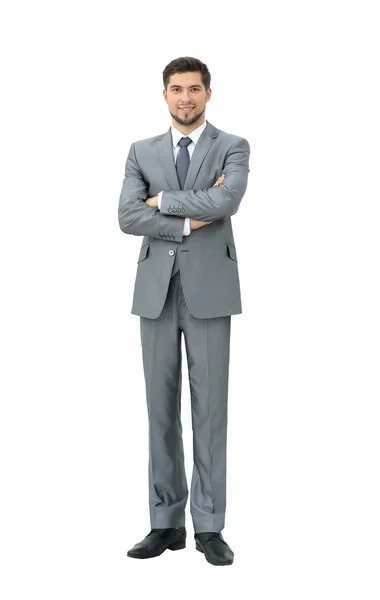 Confidente es un exitoso hombre de negocios en traje gris de pie con —  Fotos de Stock