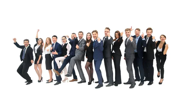 Sonrientes personas de negocios de pie juntos en la línea en un moderno de —  Fotos de Stock