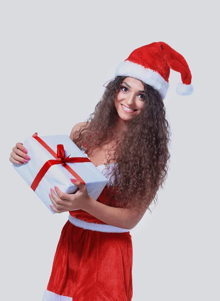 Natal Santa mulher isolada retrato segurar presente de Natal . — Fotografia de Stock