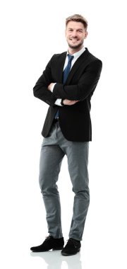 Beyaz arka plan üzerinde zarif yakışıklı iş adamı portresi