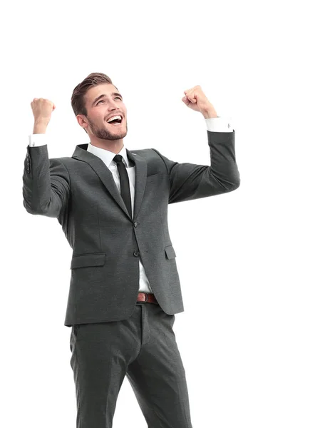 Afortunado hombre de negocios guapo celebrando. Ganador riendo hombre —  Fotos de Stock