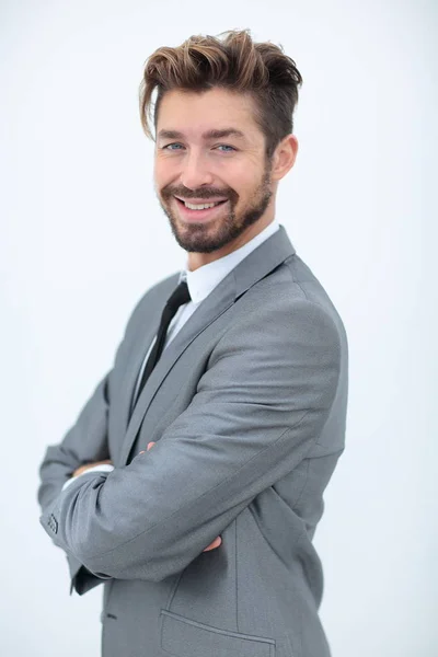 Nahaufnahme Porträt eines lächelnden gutaussehenden Geschäftsmannes über Weiß — Stockfoto