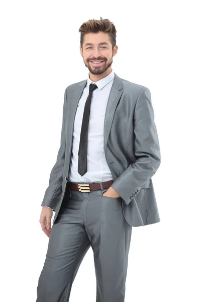 Портрет улыбающегося привлекательного бизнесмена над белой задницей — стоковое фото