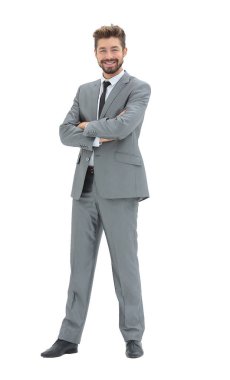 Beyaz backgrou üzerinde bir gülümseyen yakışıklı işadamı portresi